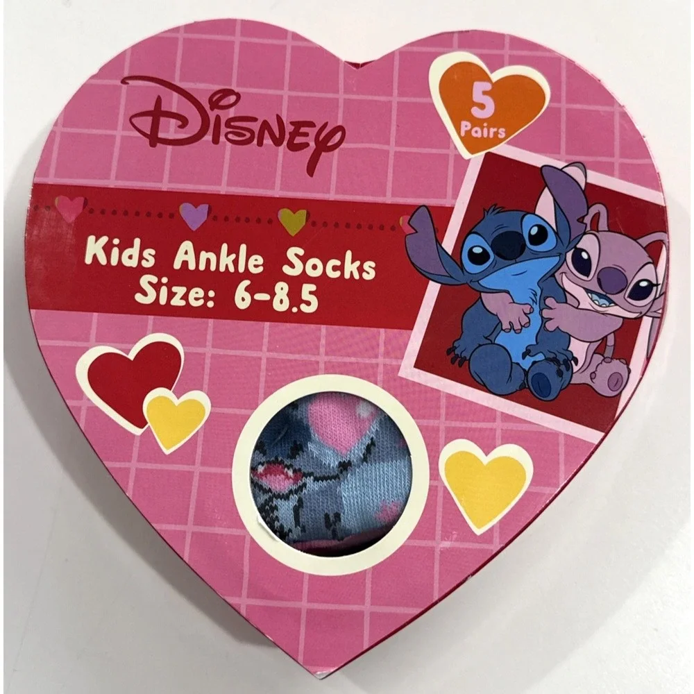 Disney Lilo & Stitch Kids Low Cut Socks 5 Pair Size 6-8.5 Valentine's Day
